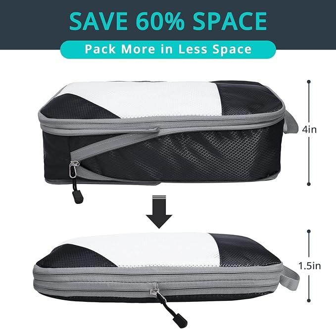 NICOSHOW 7 Set Compression Packing Cubes for Travel - Compressible, Lightweight, and Space-Saving Packing Cubes, Travel Essentials for Women, Black
