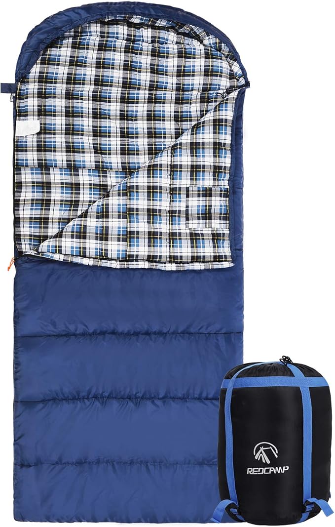 REDCAMP Flannel Sleeping Bag for Adults, Comfortable Cotton Envelope Sleeping Bags for Camping, Backpacking, Hiking, with Detachable Hood&Compression Sack, Blue/Red/Grey/Black
