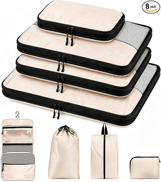8-Piece Compression Packing Cubes for Travel, Ultralight Aesthetic Luggage Organizer Set, Space Saving Double Zipper Design for Carry-On & Suitcase Organizer, Travel Essentials- Beige