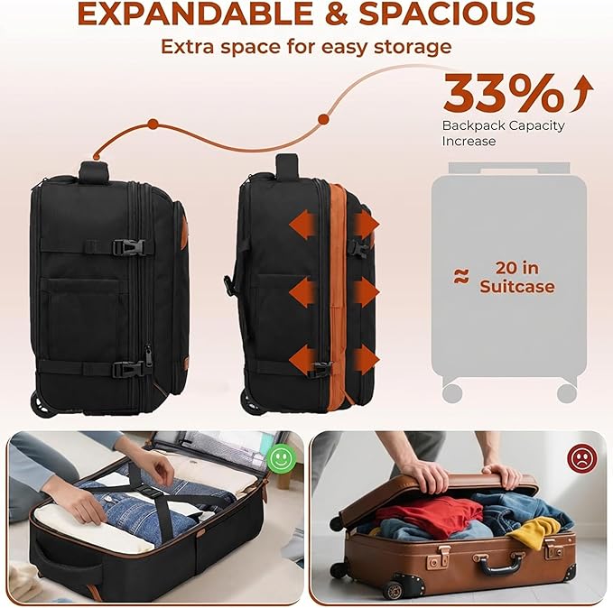 Vancropak Travel Backpack with Wheels, 17 inch Carry On Flight Approved Wheeled Laptop Backpack with 3 Packing Cubes, Expandable Water Resistant Lightweight Roller Backpack for Business, Black Brown