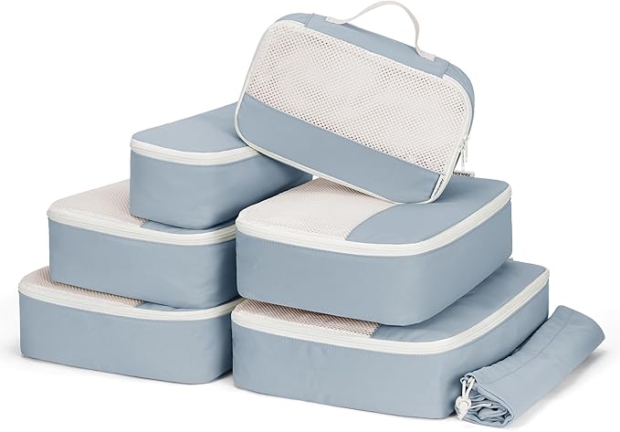 Narwey 7 Set Packing Cubes for Travel Carry on Suitcase Luggage Organizer Bags for Kids Women Men, Durable Packing Organizers Bag, Travel Essentials Accessories (Grayish Blue)