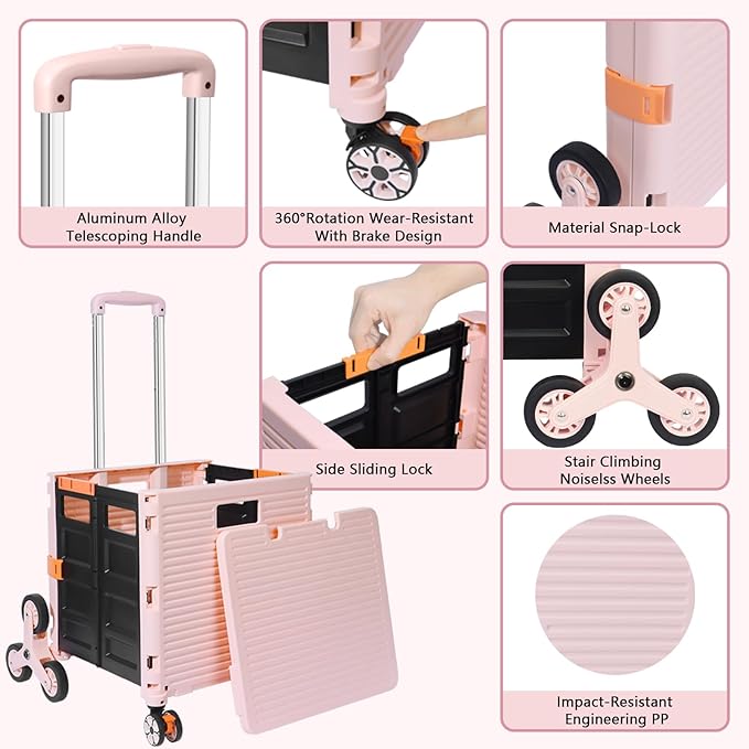 FELICON SELORSS Folding Utility Cart Portable Rolling Crate Handcart with Stair Climbing Wheels&360°Swivel Wheels Telescoping Handle Plastic Box Dolly for Travel Shop Move Office Teacher Use(Pink)