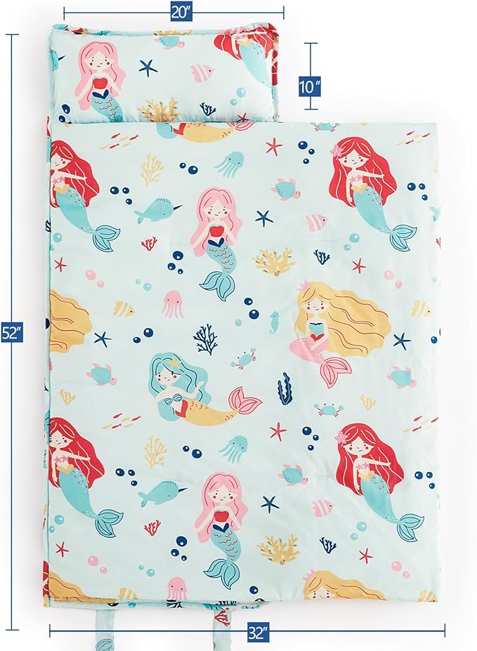 PHF Cute Mermaid Toddler Nap Mat Set, with Removable Pillow for Toddler Girls, Soft and Lightweight for Daycare, Preschool, Travel, Kindergarten Sleeping Bag, Fits Ages 3-6 Years, Cute Mermaid