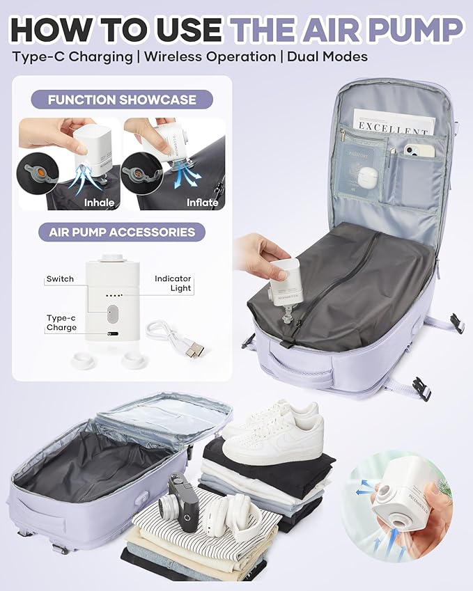 WONHOX Vacuum Seal Travel Backpack with Air Pump,Compression Vacpack Waterproof Carry On Backpack for Travel Women Men with Vacuum System,Airlines Approved Daypack Laptop Space Saver Bags,Lilac