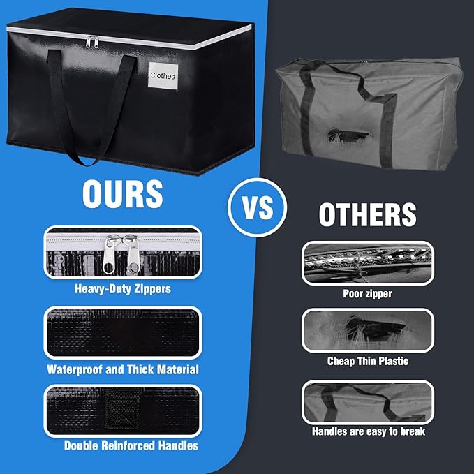 BlissTotes Moving Bags, Heavy Duty Moving Boxes with Zippers Top and Sturdy Handles, Storage Bags for Space Saving and Packing, Collapsible Moving Supplies, Storage Totes (93L, 8-Pack, Black)