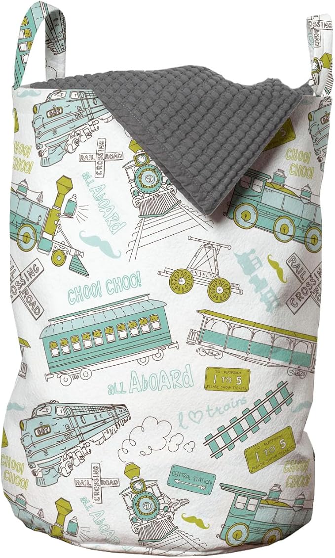 Ambesonne Steam Engine Laundry Bag Pack of 2, Choo Choo Train Pattern and Number Signs Vintage Travel Theme Print, Hamper Basket with Handles Drawstring Closure, 13" x 19", Apple Green Turquoise