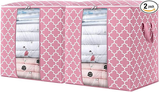 WISELIFE Storage Bags 2 Pack/100L Large Blanket Clothes Organization and Storage Containers for Comforters,Bedding, Foldable Organizer with Reinforced Handle, Clear Window, Sturdy Zippers,Pink