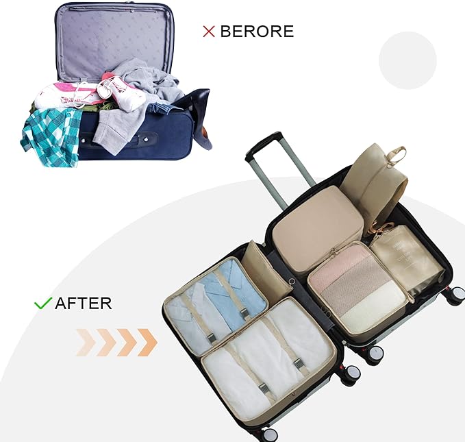 Vercord 8 Set Travel Packing Pods Luggage Organizers Cubes with Laundry Bags Accessories