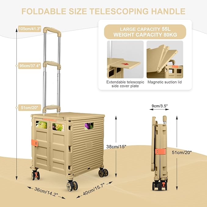 FELICON SELORSS Folding Utility Cart Portable Rolling Crate Handcart with Magnetic Sliding Lid Telescoping Handle Plastic Box Dolly 360°Swivel Wheels for Travel Shop Move Office Teacher(Khaki Pro)