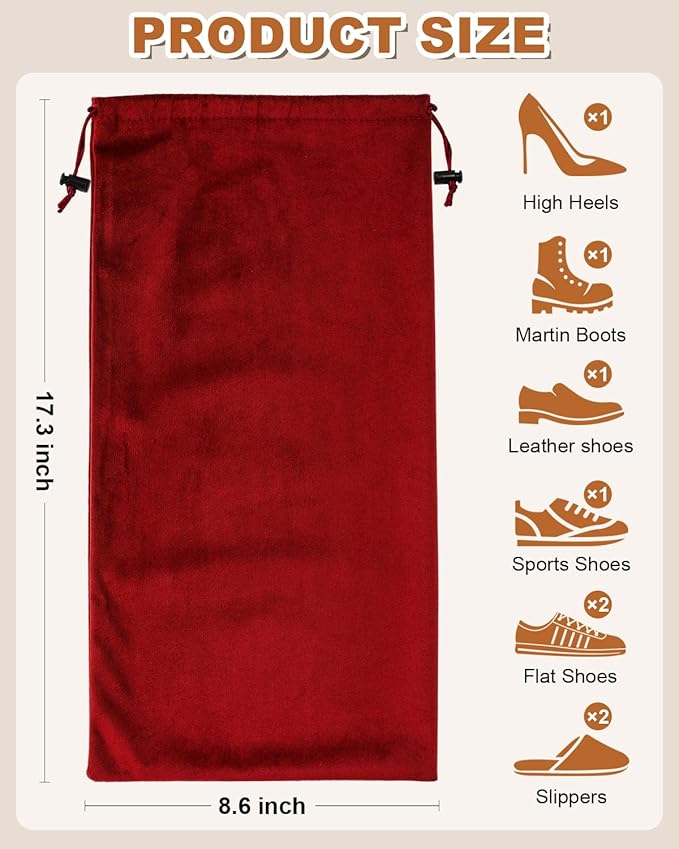 6 Pcs Single Shoe Bags for Travel, 17.3"x8.6" Washable Travel Shoe Bags for Packing in Suitcase, Velvet Dust Bag with Drawstring, Shoe Pouch for Women and Men, Travel and Home Storage (Rio Red)