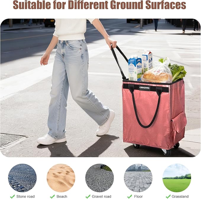 (Medium,Pink) Reusable Grocery Bag on 4 Wheels, Foldable Rolling Tote Bag with 3 Handles and Zipper, Storage Organizer for Groceries, Rolling Shopping Cart for Travel, 76lb