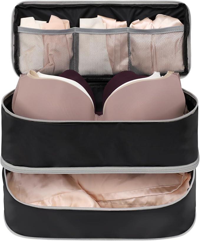 Cambond Travel Underwear Organizer Bag - 4-in-1 Soft Double Layer Bra Travel Bag, Portable Expandable Compression Packing Organizers, Underwear Storage Bag Packing Cubes for Women