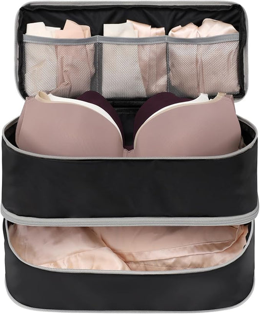 Cambond Travel Underwear Organizer Bag - 4-in-1 Soft Double Layer Bra Travel Bag, Portable Expandable Compression Packing Organizers, Underwear Storage Bag Packing Cubes for Women