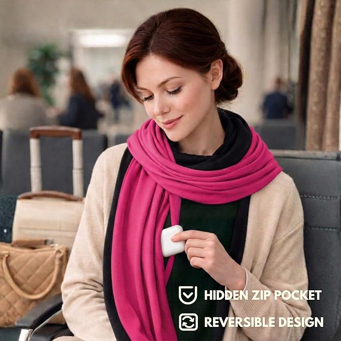 16-in-1 Compact Travel Blanket with Bag – Reversible, Ultra Soft Bamboo Airplane Blanket with Hidden Pocket – Packable for Flights & Travel Essentials (Semi-Weighted, Double Layer)