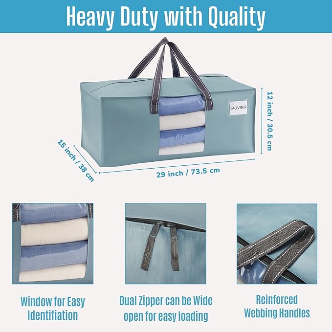 VENO 4 Pack Heavy Duty Moving Bags, Packing Bags with Clear Window, Alternative to Moving Boxes, Storage Bins for Clothes, Blankets, Comforters, College Dorm Essentials (Light Blue Matte, 4 Pack)