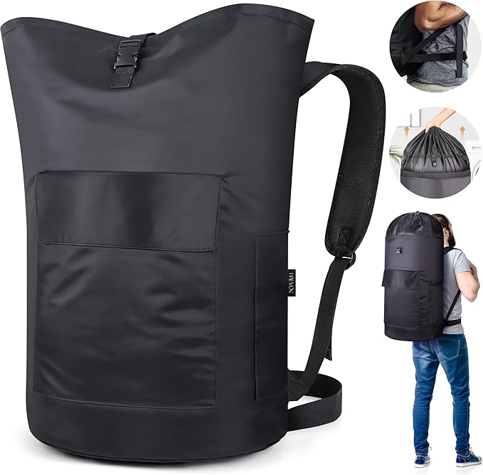 Haevon Laundry Backpack - 131L Heavy Duty Laundry Bag with Padded Shoulder & Waist Straps, Removable Liner - College, Dorm, Apartment, Travel, Outdoor - Big Laundry Bag for Easy Carrying (Black)