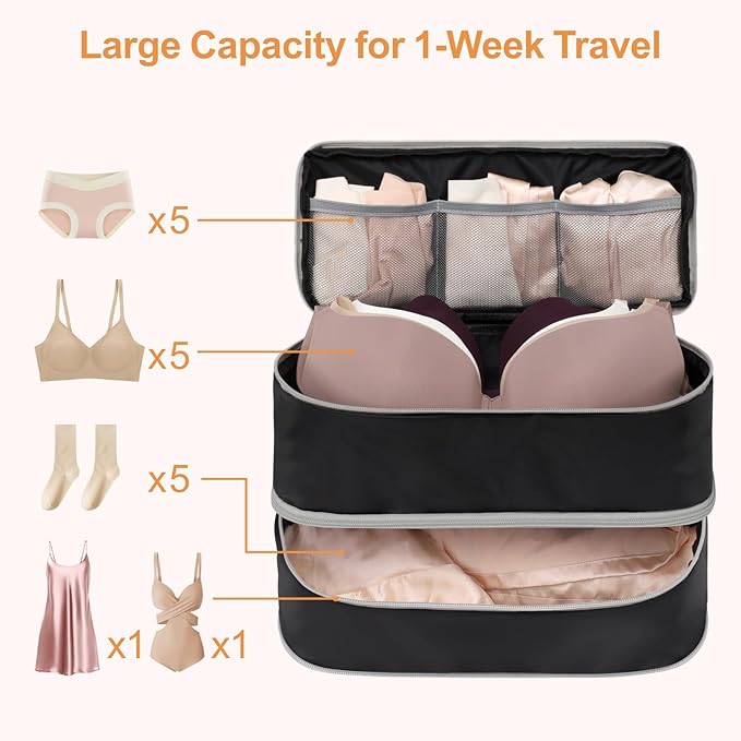 Cambond Travel Underwear Organizer Bag - 4-in-1 Soft Double Layer Bra Travel Bag, Portable Expandable Compression Packing Organizers, Underwear Storage Bag Packing Cubes for Women