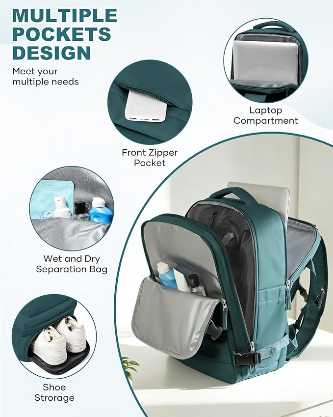 WONHOX Vacuum Travel Backpack Women,Carry On Backpack Flight Approved 18x14x8 inches Bag Spirit Airlines Personal ltem,College Sports Hiking Rucksack Laptop Blackpack mochila de viaje,PeacockBlue