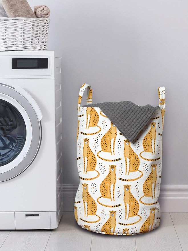 Ambesonne Leopard Laundry Bag, Cheetahs from the Cat Family Savannah Animal, Hamper Basket with Handles Drawstring Closure for Laundromats, 13" x 19", White Orange