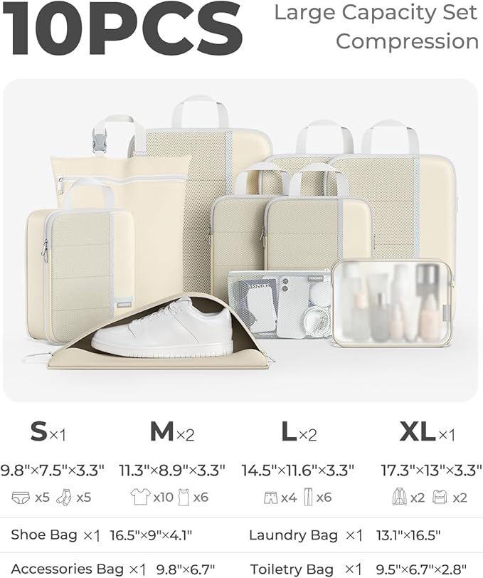 Percover Compression Packing Cubes for Travel, 10-Piece Structured Compression Organizer Set with Toiletry Bag, Laundry Bag & Shoe Bag for Carry-On & Checked Luggage, Beige