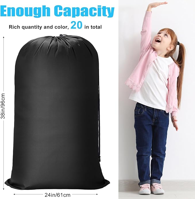 Nuogo 20 Pcs Laundry Bag Washable Travel Laundry Bags with Drawstring Lock Closure Large Heavy Duty for Camping Tent Blankets Dirty Clothes Yarn Fabric Storage, 38 x 24 Inches(Black, Pink)