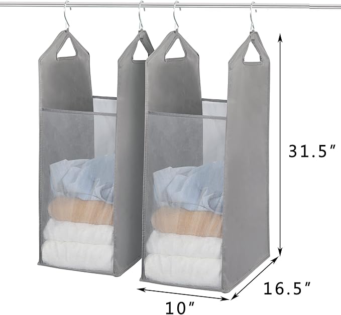 STORAGE MANIAC 2-Pack Hanging Laundry Hamper, Front See-Through Mesh Bag, Slim Basket, Double Hanging Closet Hamper, Narrow Organizer, Grey
