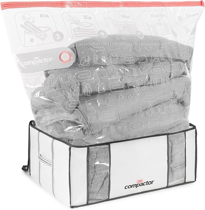 Compactor Vacuum Storage Bag with Semi-Rigid Box, Closet Organizer, Vacuum Seal Bags for Clothing and Bedding, Fits All Vacuum and Nozzle Types, 210L, White, XXL