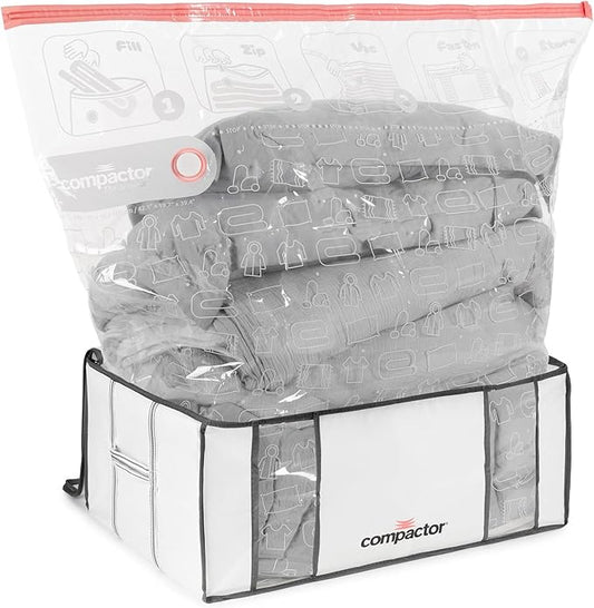 Compactor Vacuum Storage Bag with Semi-Rigid Box, Closet Organizer, Vacuum Seal Bags for Clothing and Bedding, Fits All Vacuum and Nozzle Types, 210L, White, XXL