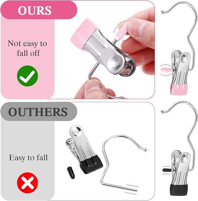 Yinder 250 Pcs Boot Hangers Clips Laundry Hooks Hanging Stainless Steel Clothes Pins Portable Clip Hangers for Closet Travel Socks Pants Handbags Hats Towels (Pink)