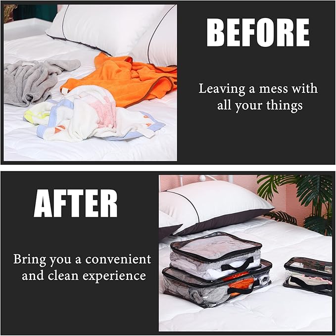 Hillban 6 Pcs Black Large Clear Travel Packing Cube 3 Sizes See Through PVC Organizer for Suitcase Multipurpose Pouch with Handle Vinyl Zippered Storage Bags Luggage Cube Organizer