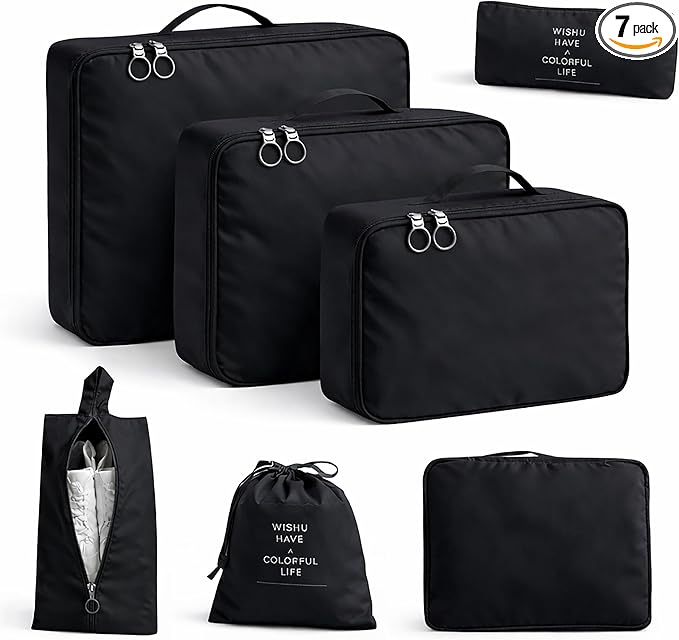 7 Set Packing Cubes For Travel | Luggage Organizer Bags With Shoe, Laundry Bag, Accessory Pouch And Lingerie Bag | Durable And Space Saving Suitcase Organizer For Travel Essentials | Black
