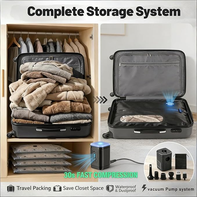 11-Pack Travel Vacuum Bags with Pump, 2×17L TPU IP67 Waterproof Vacuum Seal Bags + 9 PA&PE Compression Bags (S/M/L) for Carry-On, Light Travel, Backpacks & Home Storage