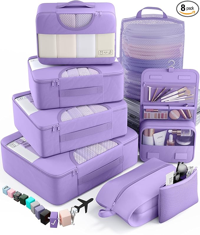 Veken 8 Set Packing Cubes for Travel Essentials, Suitcase Organizer Bags in 4 Sizes, Carry-On Luggage Accessories with Large Laundry & Hanging Toiletry Bag, Must-Have for Airplane, Road Trip & Camping