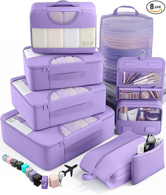 Veken 8 Set Packing Cubes for Travel Essentials, Suitcase Organizer Bags in 4 Sizes, Carry-On Luggage Accessories with Large Laundry & Hanging Toiletry Bag, Must-Have for Airplane, Road Trip & Camping