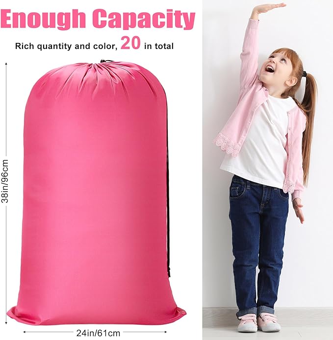 Nuogo 20 Pcs Laundry Bag Washable Travel Laundry Bags with Drawstring Lock Closure Large Heavy Duty for Camping Tent Blankets Dirty Clothes Yarn Fabric Storage, 38 x 24 Inches(Pink, Blue)