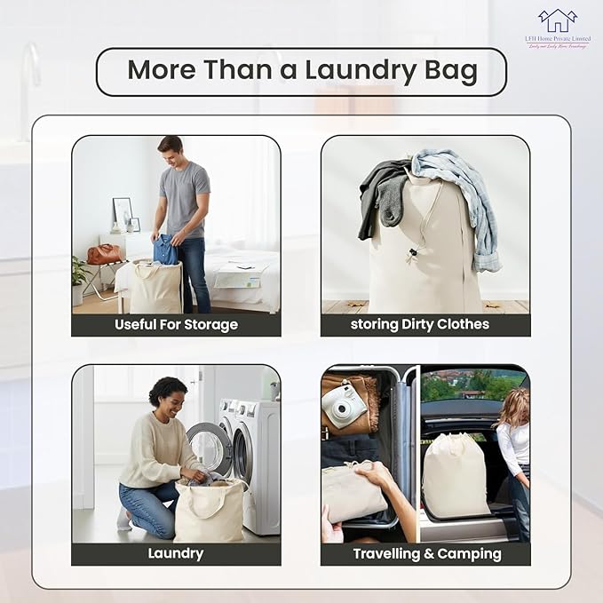 LFH Home Cotton Canvas Large Laundry Bag with Handle, Heavy Duty Drawstring Closure Washable Laundry Bags, School Travel, Home, Hotel, College Dorm, Organizer Sack, Toy Clothes 20x30 (Pack of 4)-White