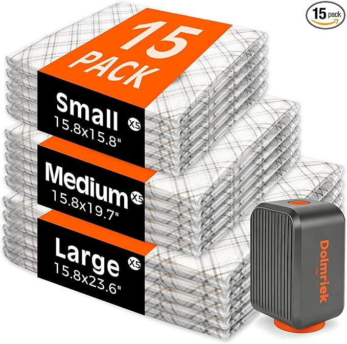 15pcs Vacuum Seal Bags for Clothing Travel, Cordless Pump, Carry-on Size Compression Packing Bags, 4000Pa Suction & 2000mAh Battery, Vacuum Storage Bags for Clothes, Luggage, Suitcase, Space Saver