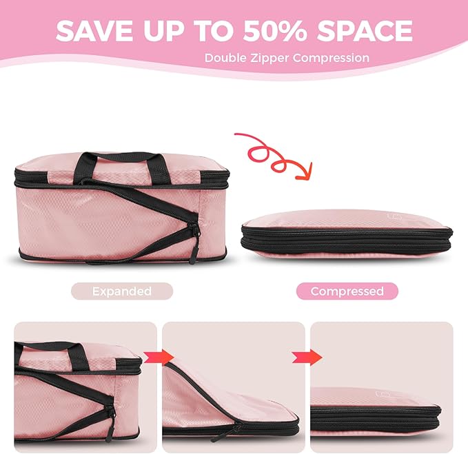 8-Piece Compression Packing Cubes for Travel, Stylish Luggage Organizer Set for Women, Space Saving Travel Essentials, Perfect for Vacation Cruise, Weekend Getaways & Carry-On Packing - Light Pink