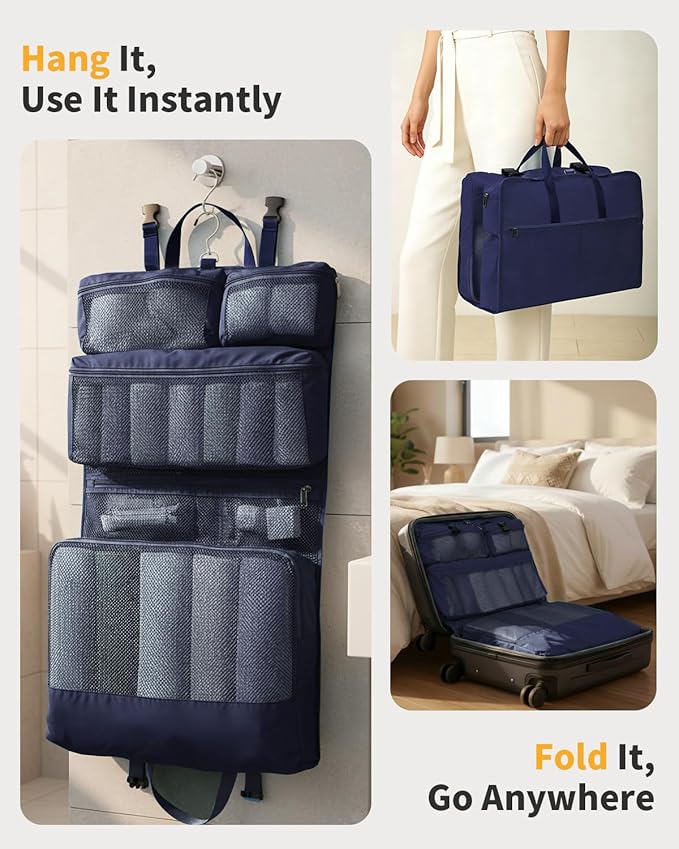 ECOHUB 8-in-1 Hanging Packing Cubes, Foldable Travel Storage Bag, Travel Organizer Expandable Packing Cube for Suitcase or Luggage (Blue)