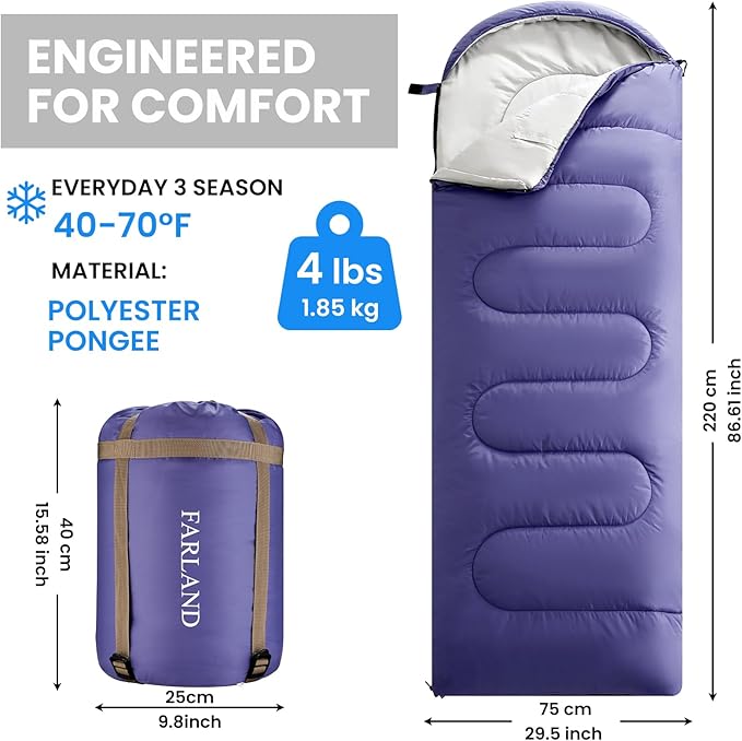 FARLAND Sleeping Bags for Adults, 3 Season Warm & Cool Weather, Lightweight Camping Sleeping Bag for Kids Family Camping Essentials with Compression Sack for Hiking
