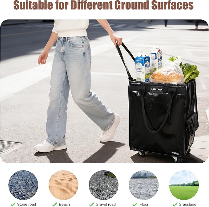 (Large,Black) Reusable Grocery Bag on 5 Wheels, Foldable Rolling Tote Bag with 3 Handles and Zipper, Storage Organizer for Groceries, Rolling Shopping Cart for Travel, 86lb