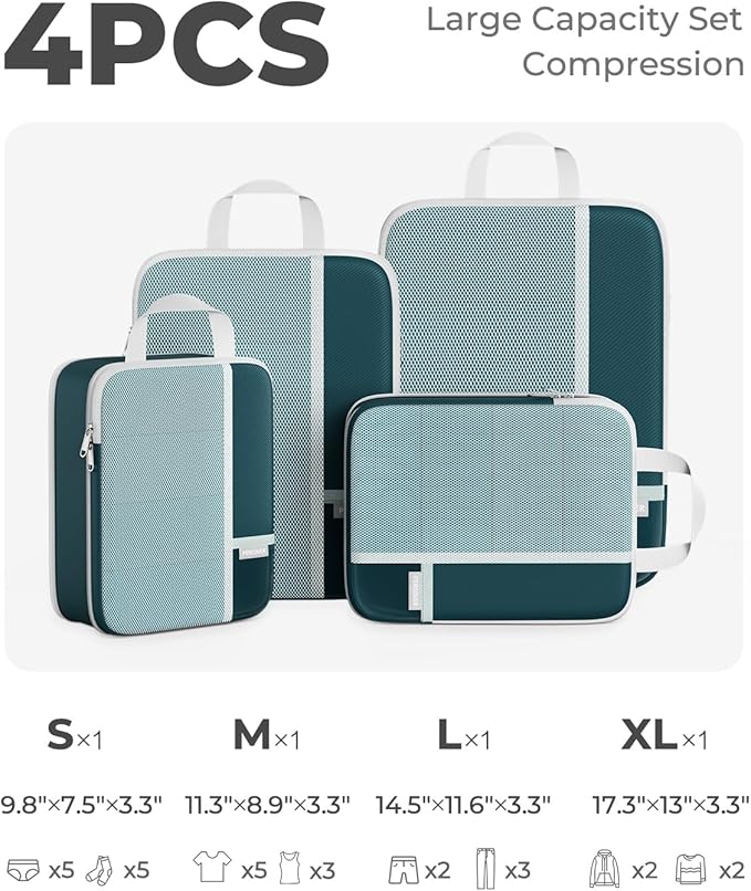 Percover Compression Packing Cubes for Travel, 4-Piece Structured Compression Organizer Set with Label Pockets for Carry-On & Checked Luggage, Peacock Green