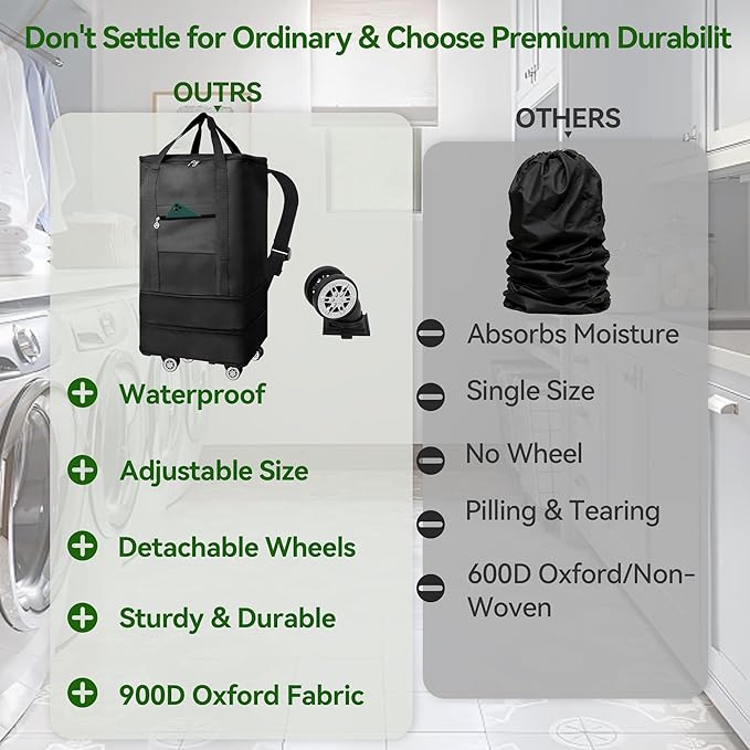 Coomee Laundry Bag Backpack with Wheels, 900D Oxford Fabric Foldable Rolling Travel Laundry Bags with Detachable Wheels & Straps, Waterproof for Laundromat, College Dorm, Apartment, Travel, Camping