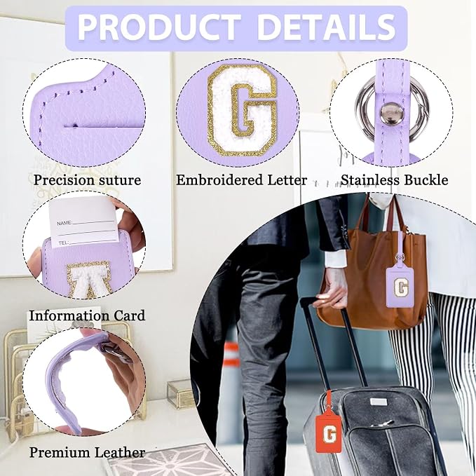 Personalized Initial Luggage Tags for Suitcases, Leather Chenille Letter Cute Luggage Tags with Privacy Name Card, Embroidered Travel Bag Backpack Tag Gifts for Women Kids Girls Teens(Purple-G) - Image 3