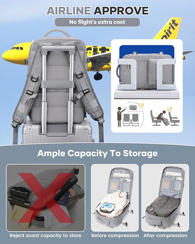 Travel Vacuum Storage Backpack with Air Pump Vacuum Seal Compression Space Saver Bags Clothing Vacpack 18x14x8 inches Travel Bag Carry on Personal item Laptop Work Backpacks Women Men Grey
