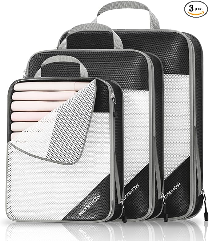 NICOSHOW 3 Set Compression Packing Cubes for Travel - Compressible, Lightweight, and Space-Saving Packing Cubes, Travel Essentials for Women, Black