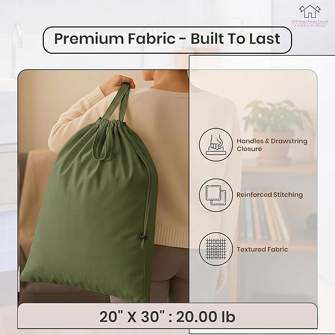 LFH Home Large Premium 1pack Cotton Canvas Laundry Bag with Drawstring and Handles Heavy Duty, Multi-Use, and Washable for Home, Travel, College or Storage 20x30-Militray Green