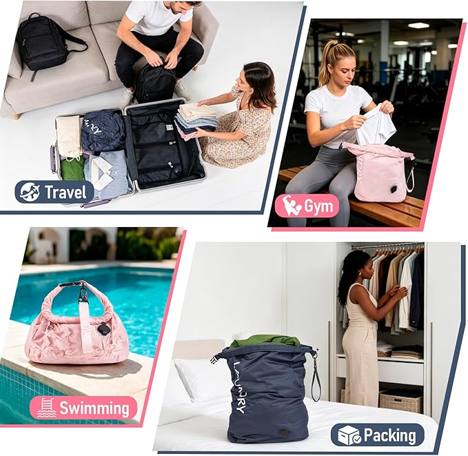 WiseBoy Compression Laundry Bag 2 Pack, Pump-Free Space Saving Travel Laundry Bag, Waterproof Odor-Resistant Dirty Clothes Bag for Suitcase, Wet Dry Gym & Swim Organizer (Navy Blue & Pink)
