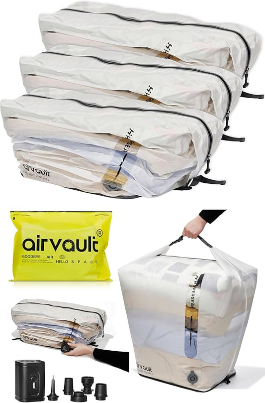 AirVault Premium Reusable Vacuum Seal Storage Bag for Carry On Suitcases & Backpack, Space Saver Airline Travel Vacpack, Pump Included (120L Tapered Duffle, 3-Pack)