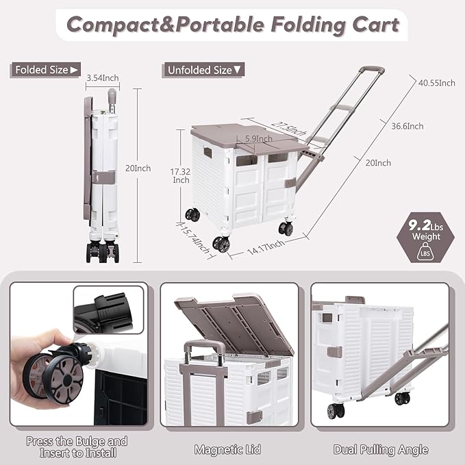 FELICON SELORSS Folding Utility Cart Rolling Crate Tote Basket Box Storage Handcart on 4 Swivel Wheels with Adjustable Handle Extended Magnetic Lid for Teacher Move Shop Travel Grocery Office(White)